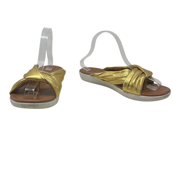 Fitflop Twine Slide Sandals Twist Flat‎ Comfort Metallic Leather Gold Size US 10 - Picture 1 of 14